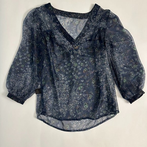 Lucca Couture Top Sheer Flowy Blouse Blue Floral Pattern 3/4 Sleeves Size Small - Picture 10 of 11